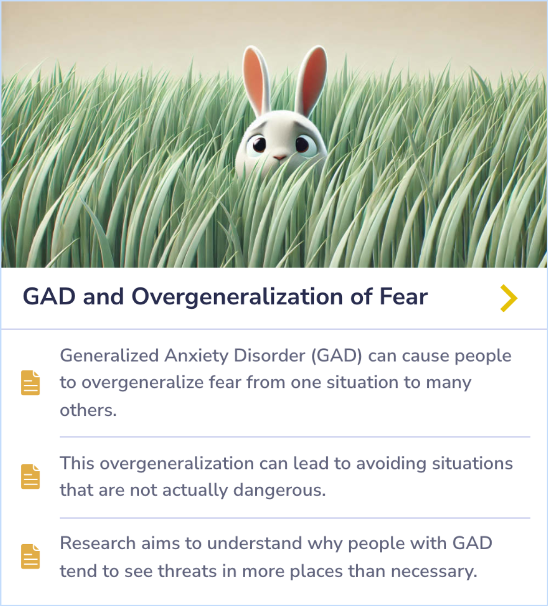Summary Card explaining how GAD leads to overgeneralization of fear, causing avoidance of safe situations and making threats appear more widespread.