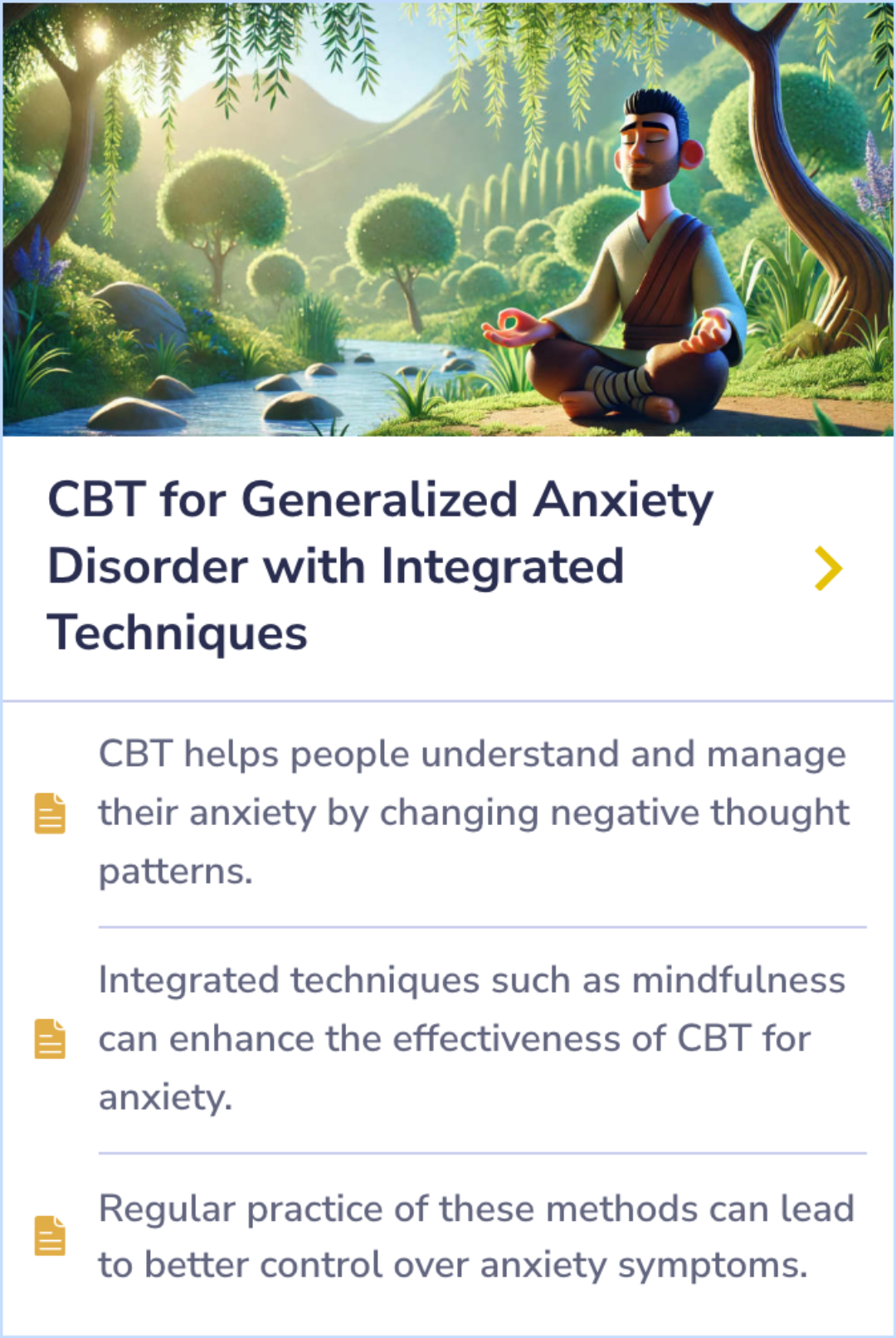 Summary Card detailing how Cognitive Behavioral Therapy (CBT) and mindfulness techniques together can enhance anxiety management and help individuals better control symptoms over time.