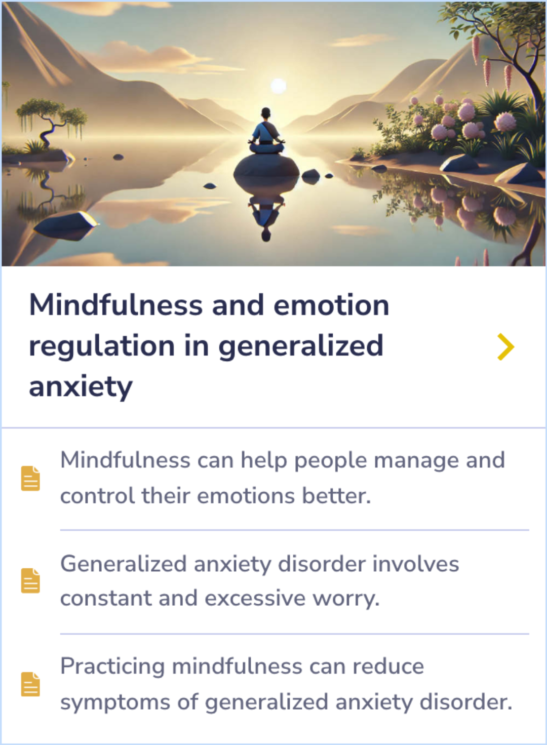 A Summary Card explaining the benefits of mindfulness for managing emotions and reducing worry in generalized anxiety disorder. The card emphasizes how mindfulness techniques can help regulate emotions and ease symptoms of anxiety.