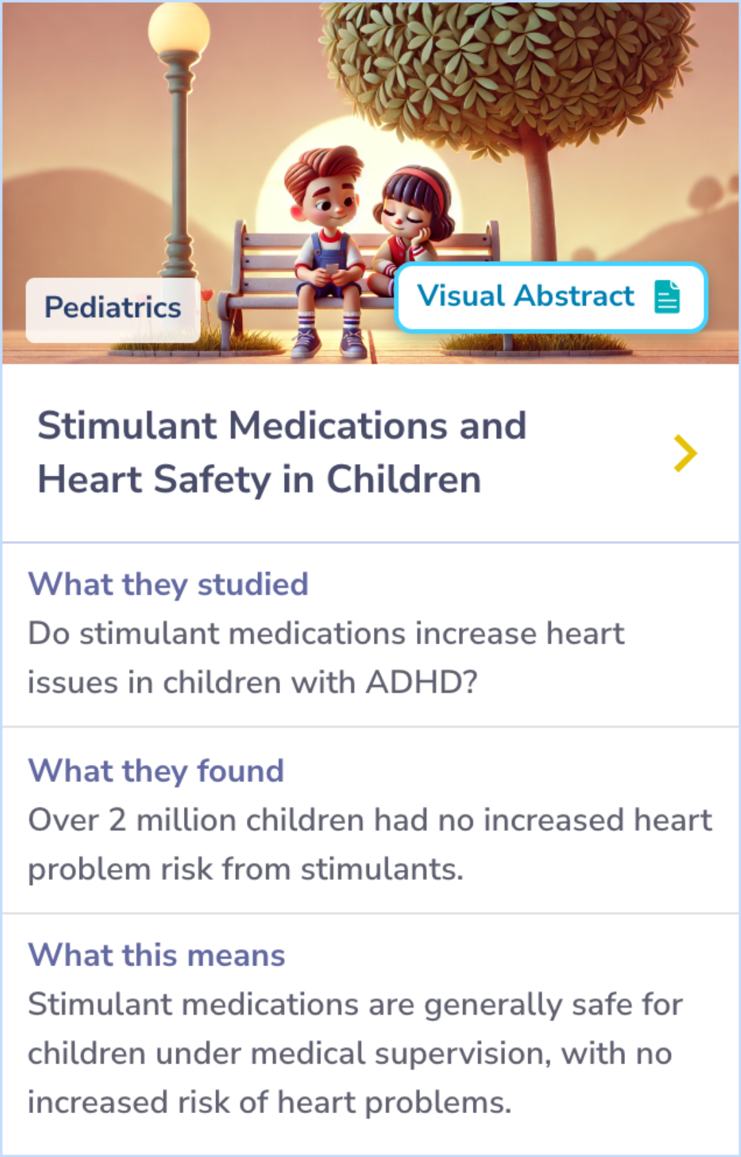 Summary Card comparing cardiac risks for children and adolescents using methylphenidate or amphetamine salts based on Florida Medicaid data, revealing similar risk levels for emergency heart-related visits.