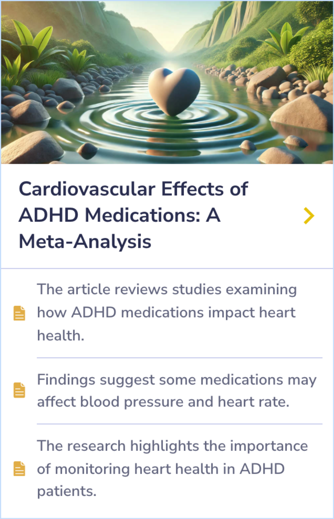 Summary Card on the impact of ADHD medications on heart health, focusing on blood pressure and heart rate changes and the need for cardiovascular monitoring.