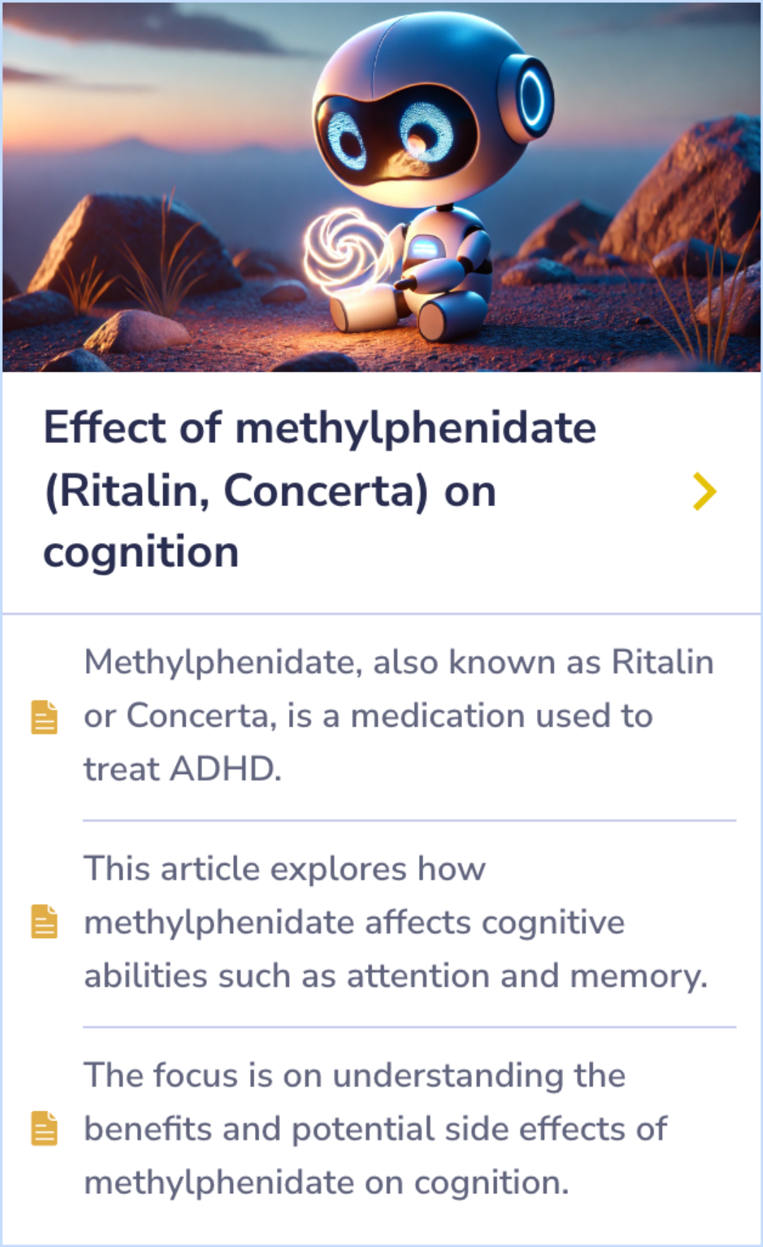 This Summary Card explores how methylphenidate, known as Ritalin or Concerta, impacts cognitive functions like attention and memory. It discusses both its benefits and potential side effects.