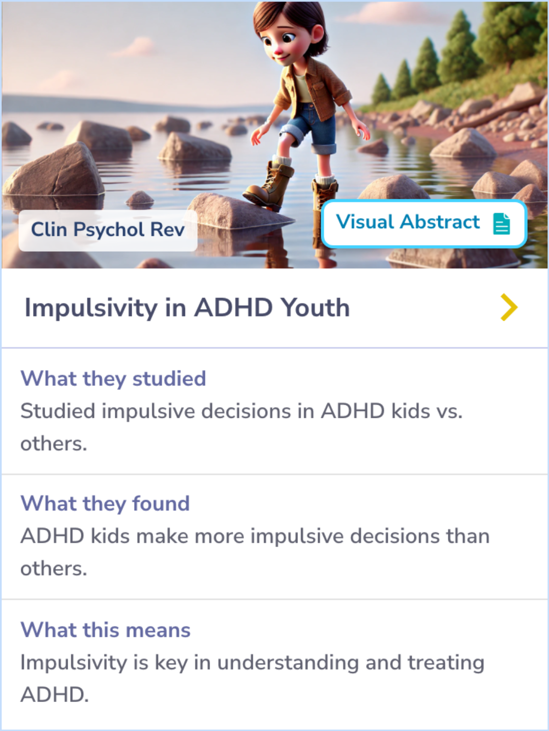 Summary Card examining impulsivity differences among children with ADHD, focusing on choice impulsivity via decision-making tasks and its varied patterns across gender and diagnostic approaches.