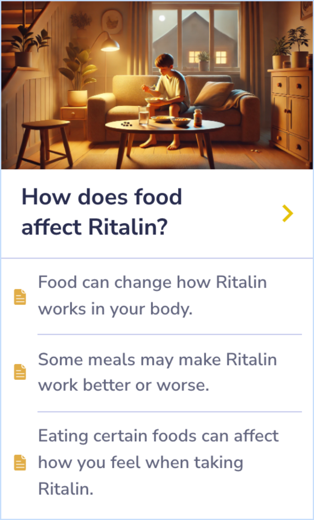 Summary Card explaining how different meals can change Ritalin's effectiveness and influence how users feel when taking the medication.
