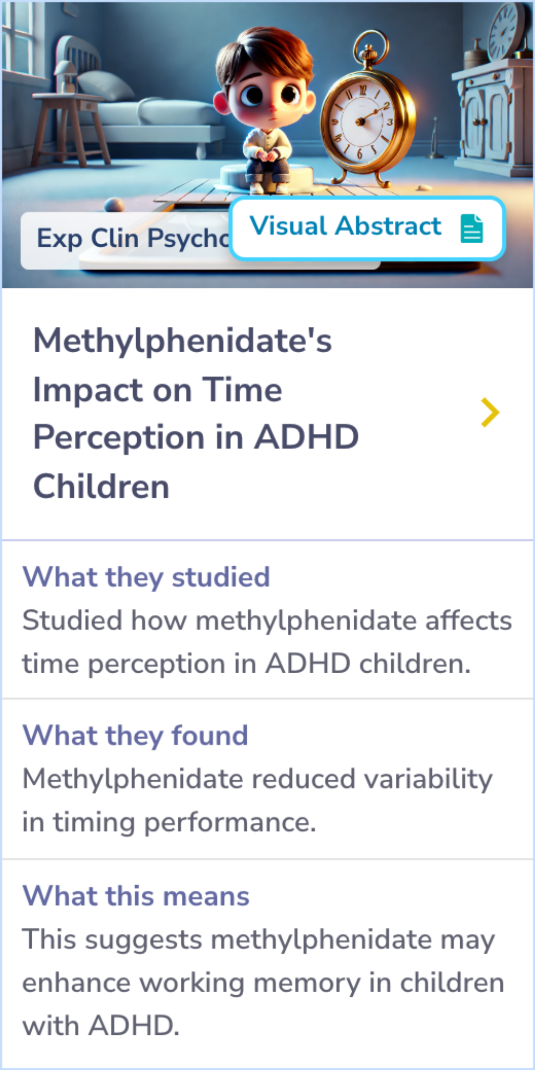 Summary card showing the effects of methylphenidate on timing performance in children with ADHD. Highlights include reduced timing variability, more consistent lever holds of 10-11 seconds, and fewer extremely short holds.