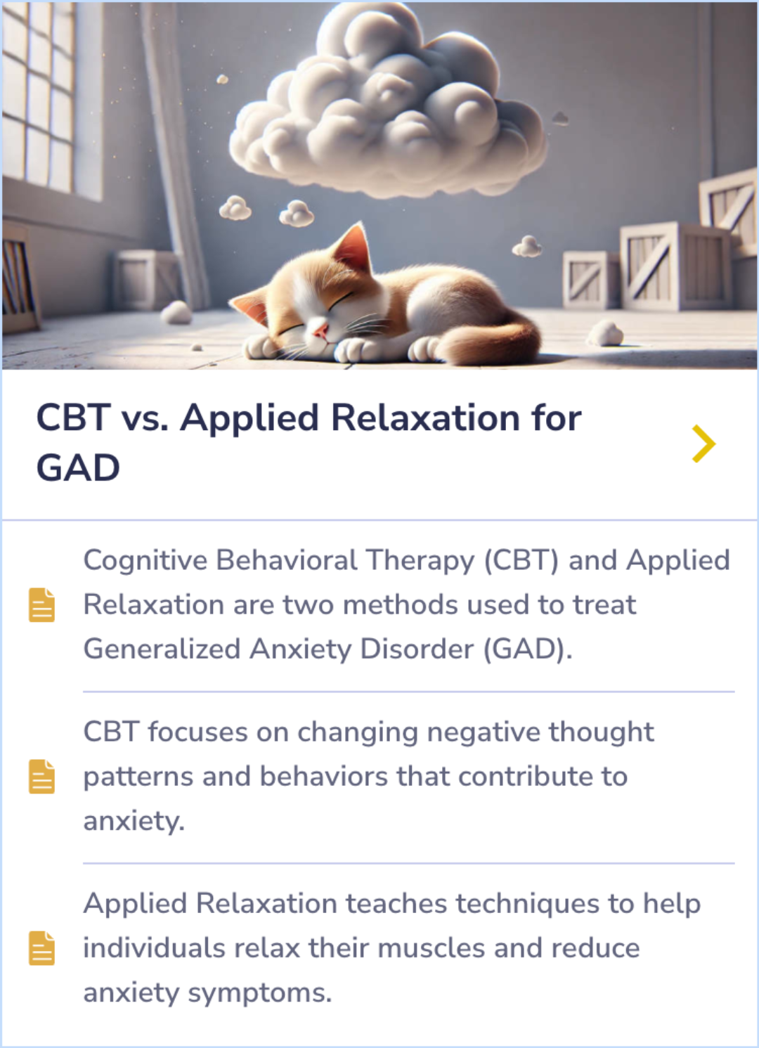 Summary card comparing Cognitive Behavioral Therapy (CBT) and Applied Relaxation as treatments for Generalized Anxiety Disorder, explaining their different approaches to alleviating anxiety.