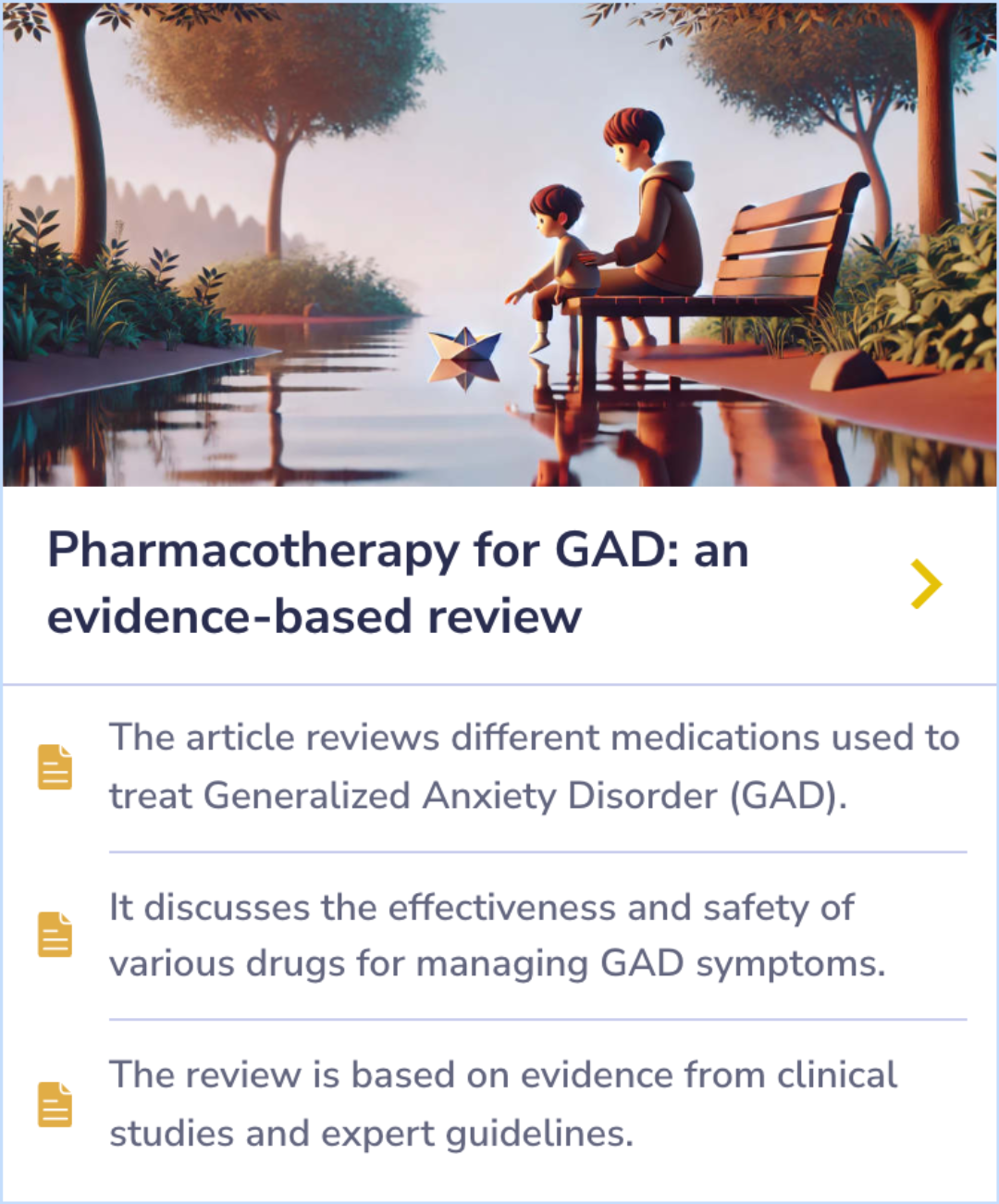 Summary card comparing the effectiveness and safety of various medications for Generalized Anxiety Disorder, based on clinical studies and expert guidelines.
