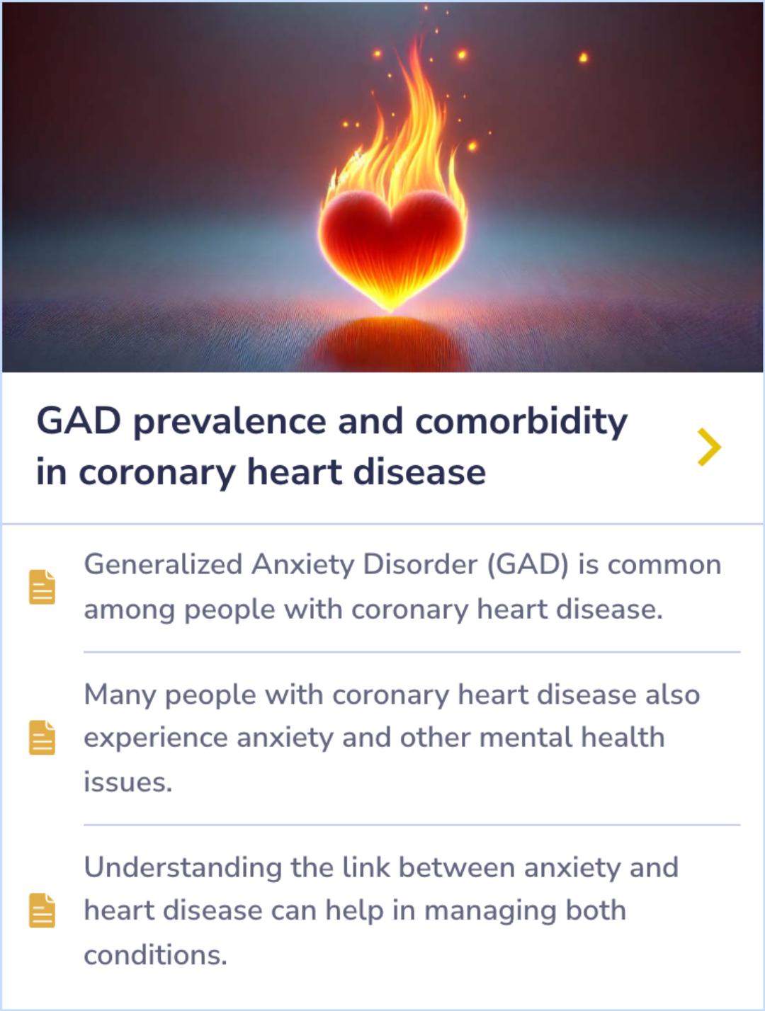 Summary Card discussing the connection between anxiety, specifically Generalized Anxiety Disorder, and coronary heart disease, highlighting their frequent coexistence and shared health impacts.