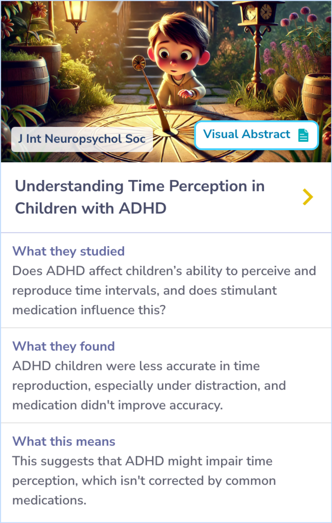 Summary Card showing that children with ADHD are less accurate in reproducing time intervals and that stimulant medication does not improve this accuracy.