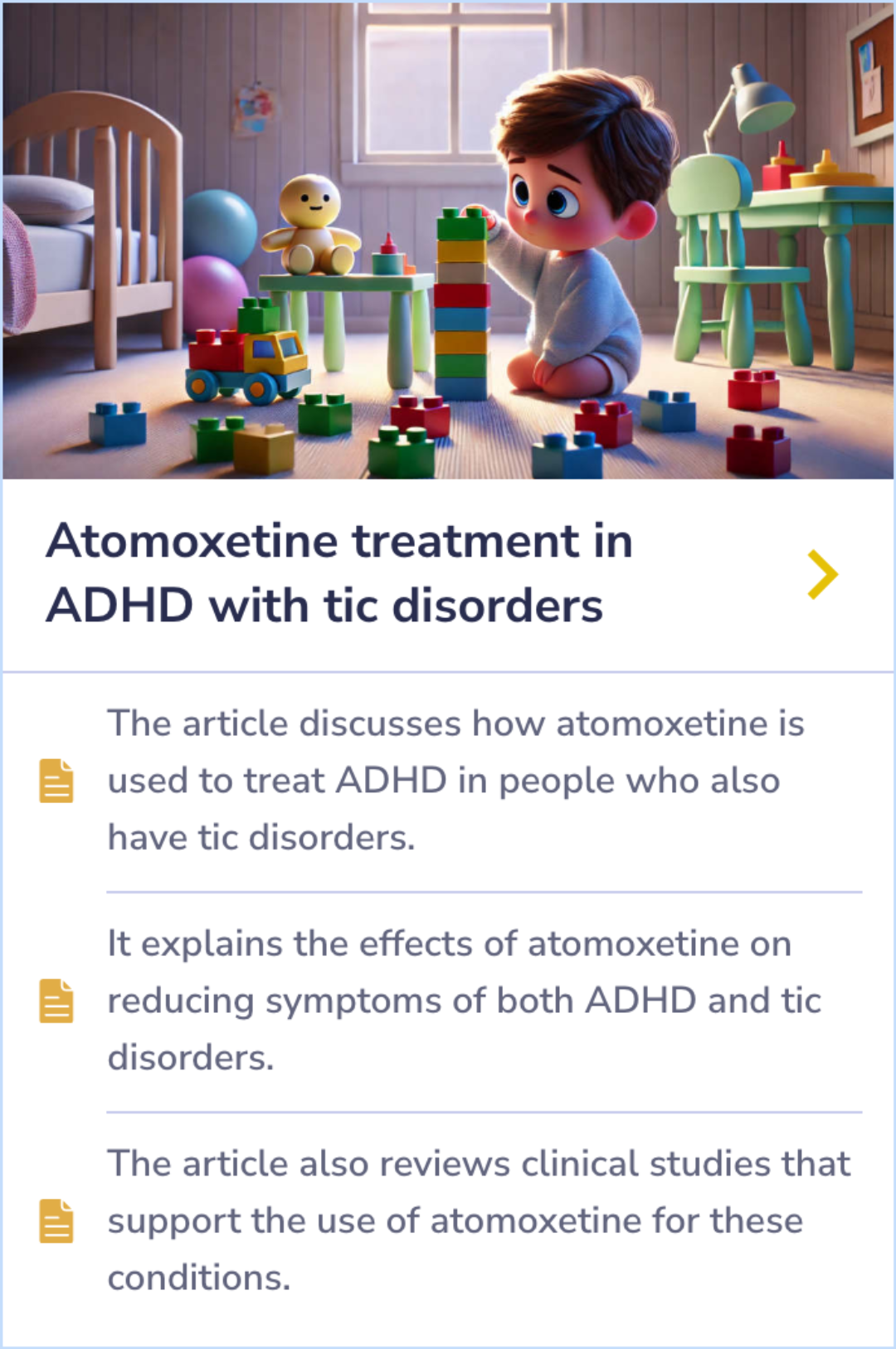 Summary Card explaining how atomoxetine helps manage both ADHD and tic disorders, based on clinical studies.