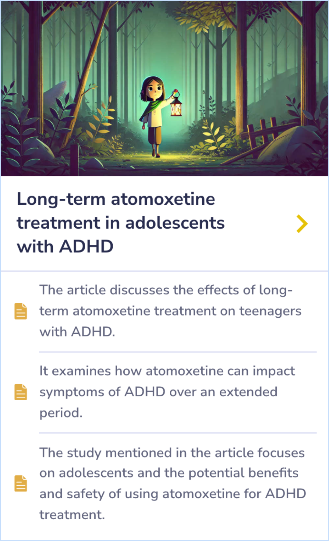 Summary card discussing long-term effects of atomoxetine on ADHD symptoms in adolescents, focusing on symptom management and safety during extended treatment.