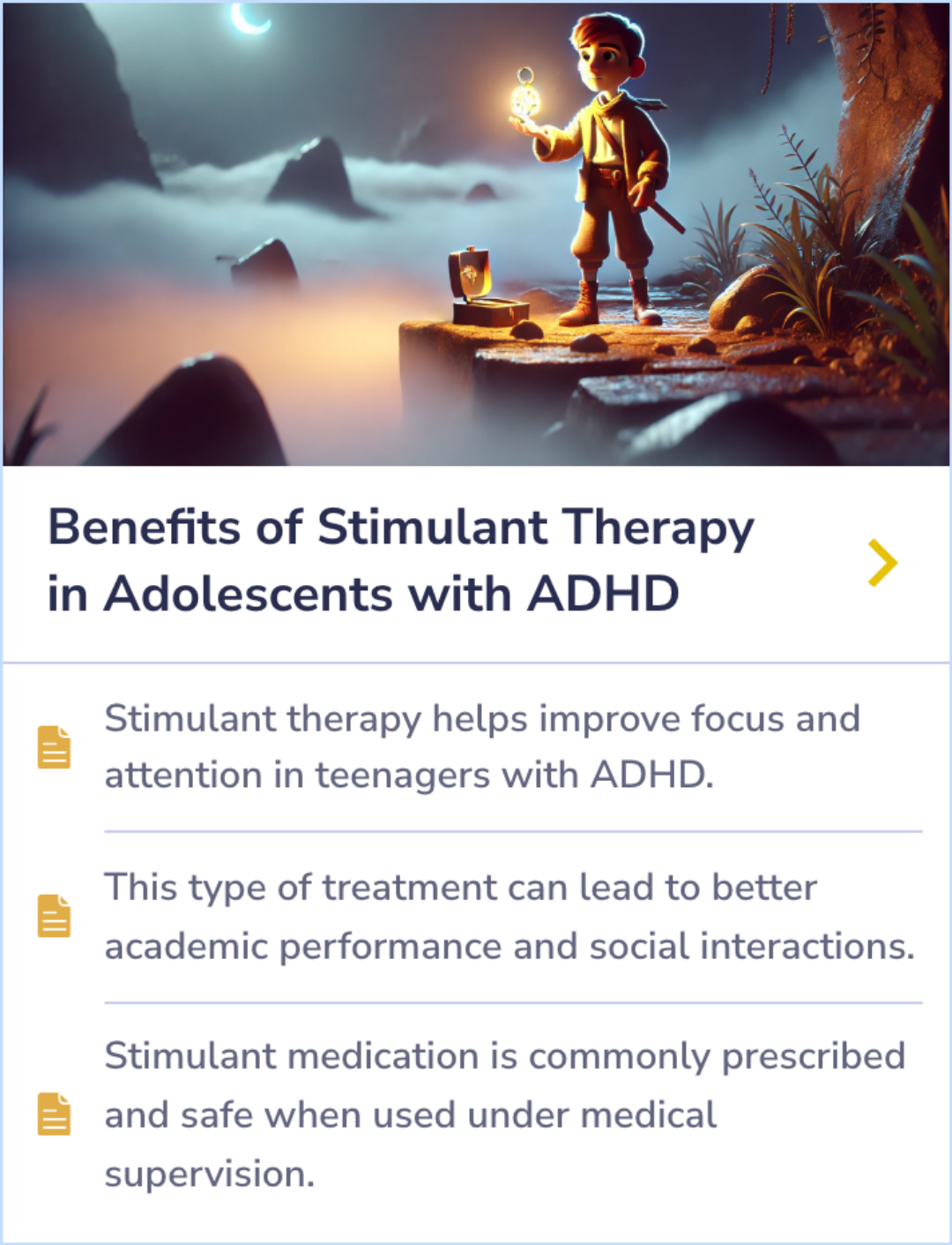 Summary Card contrasting the efficacy and recommendations for Ritalin and Adderall in reducing ADHD symptoms, highlighting Adderall's prolonged effects and favorable staff feedback.