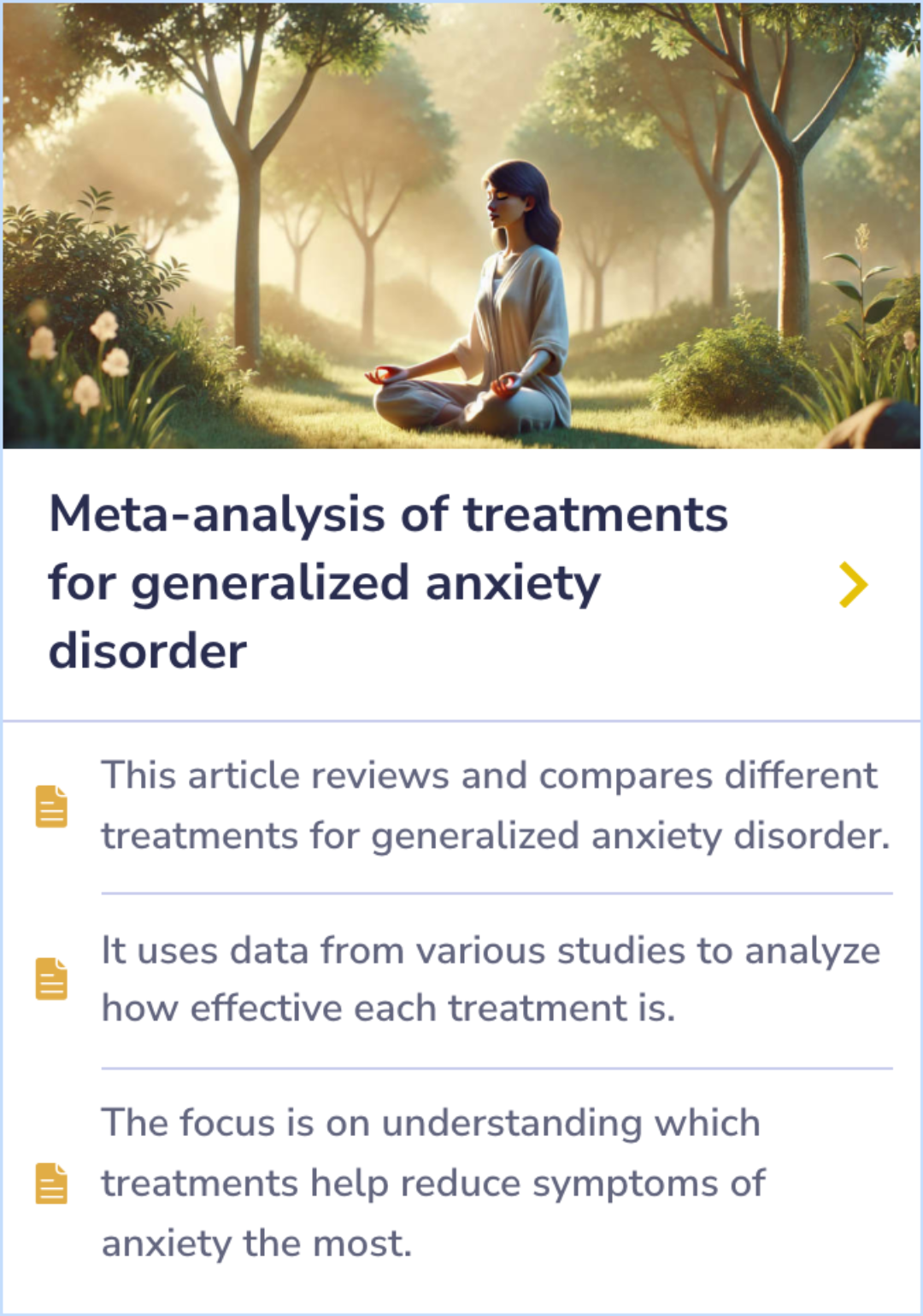 Summary Card comparing the effectiveness of treatments for generalized anxiety disorder, focusing on symptom reduction strategies.