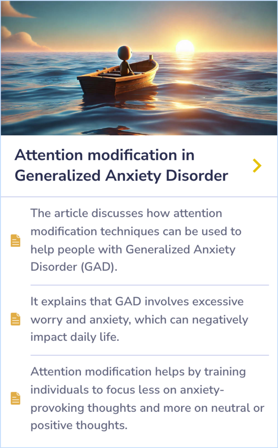 Summary Card illustrating how attention modification techniques help individuals with Generalized Anxiety Disorder shift focus from anxiety to neutral or positive thoughts.