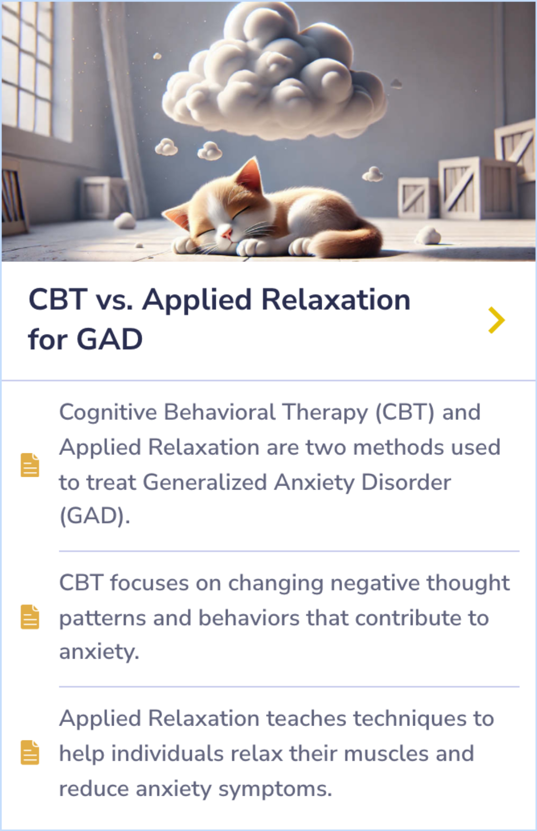 Summary card comparing Cognitive Behavioral Therapy (CBT) and Applied Relaxation as treatments for Generalized Anxiety Disorder, explaining their different approaches to alleviating anxiety.