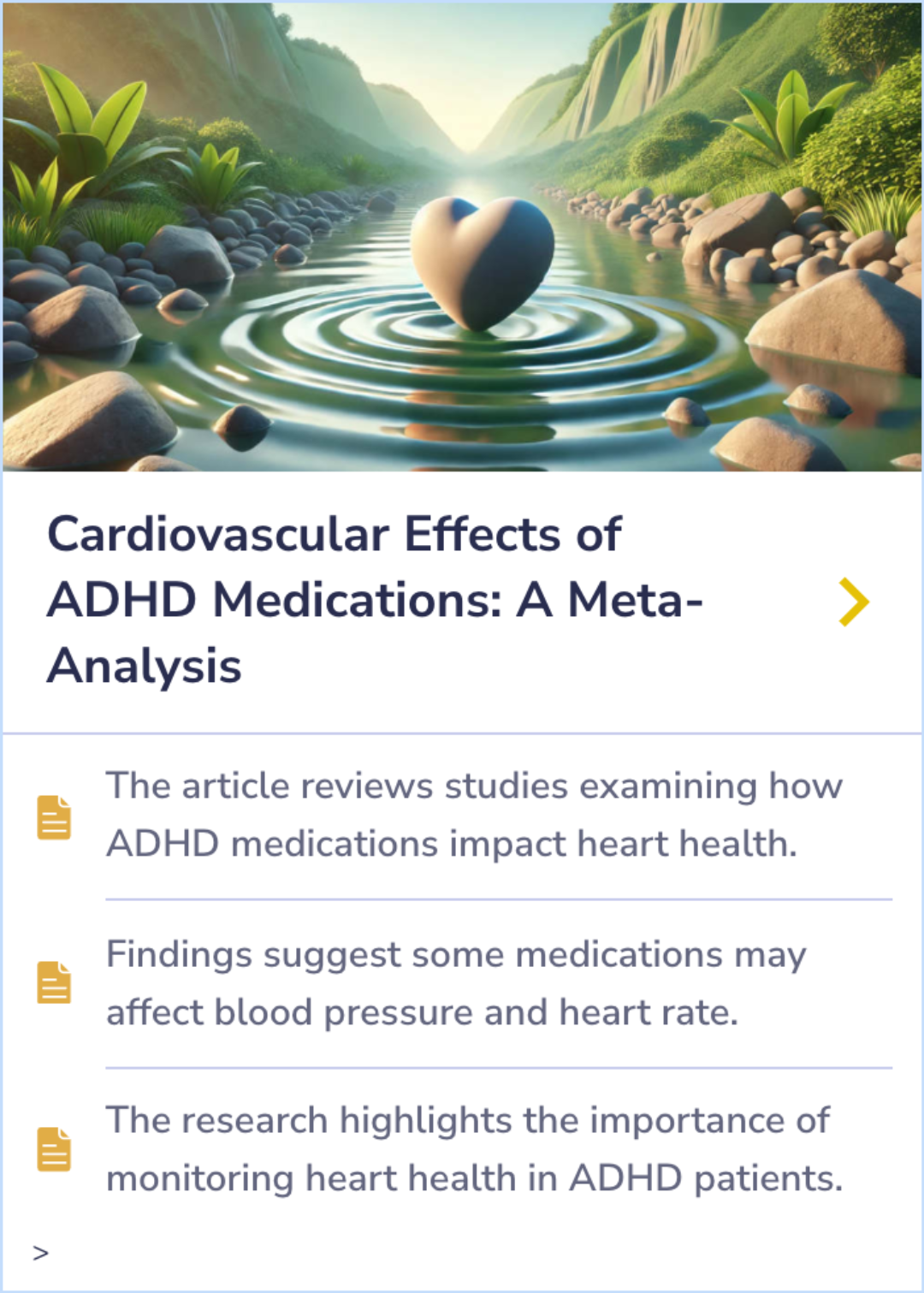 Summary Card on the impact of ADHD medications on heart health, focusing on blood pressure and heart rate changes and the need for cardiovascular monitoring.