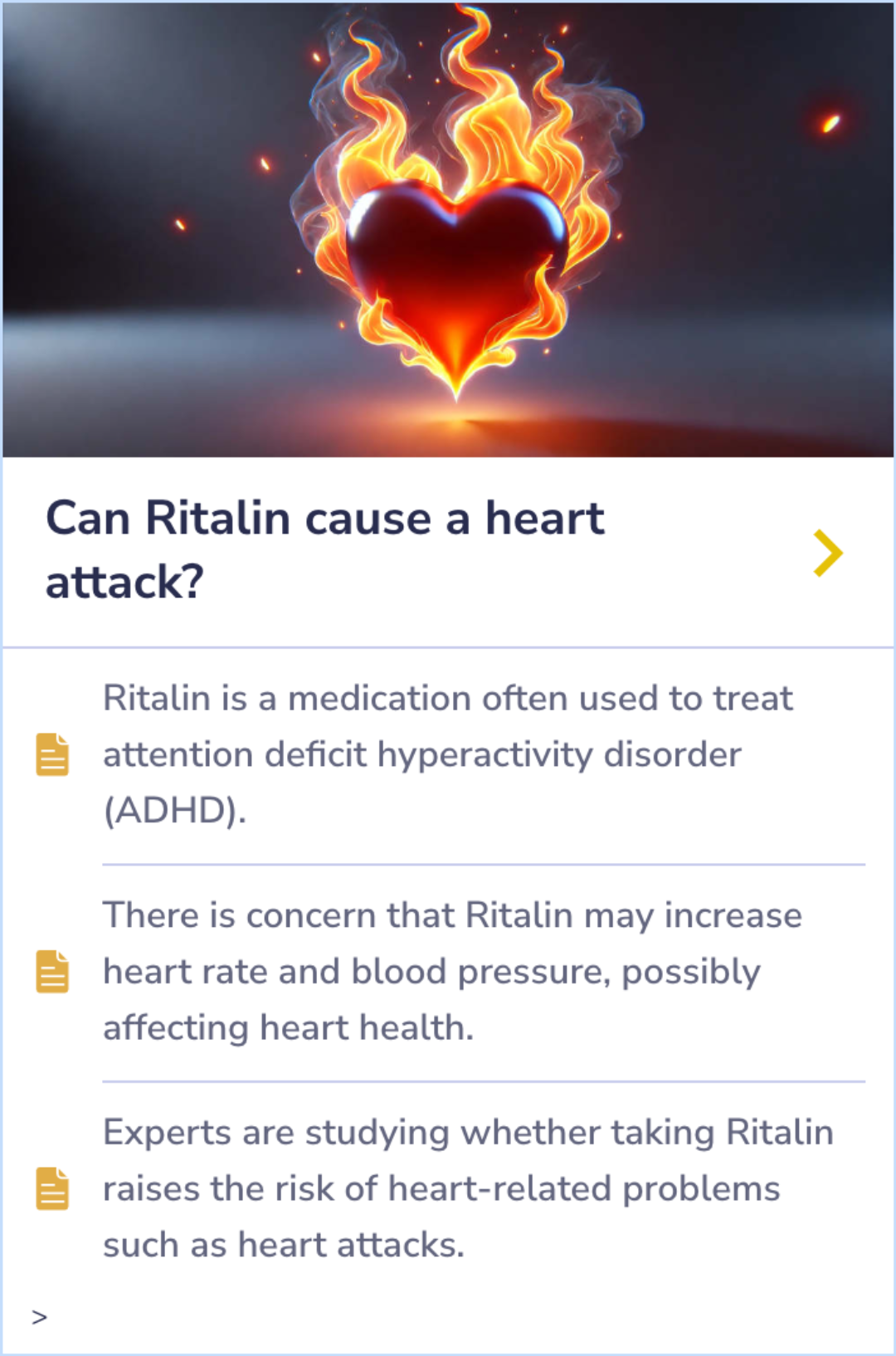 Summary card highlighting Ritalin's effects on heart rate and blood pressure, with ongoing research into its potential links to heart problems.