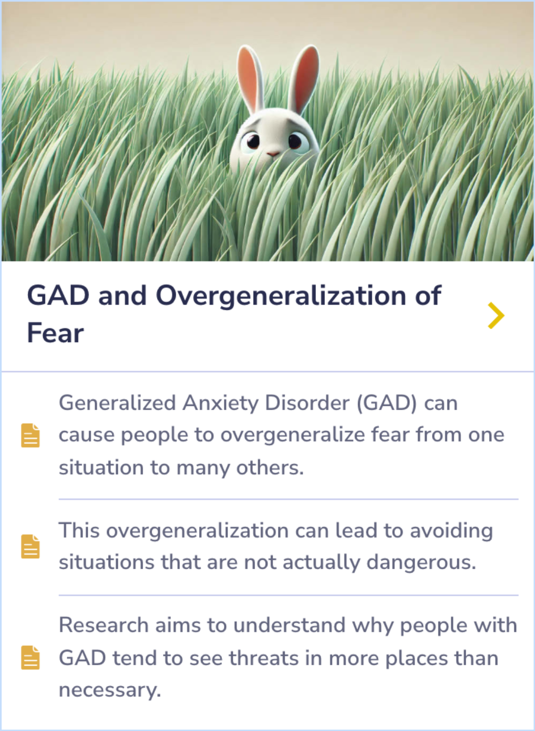 Summary Card explaining how GAD leads to overgeneralization of fear, causing avoidance of safe situations and making threats appear more widespread.