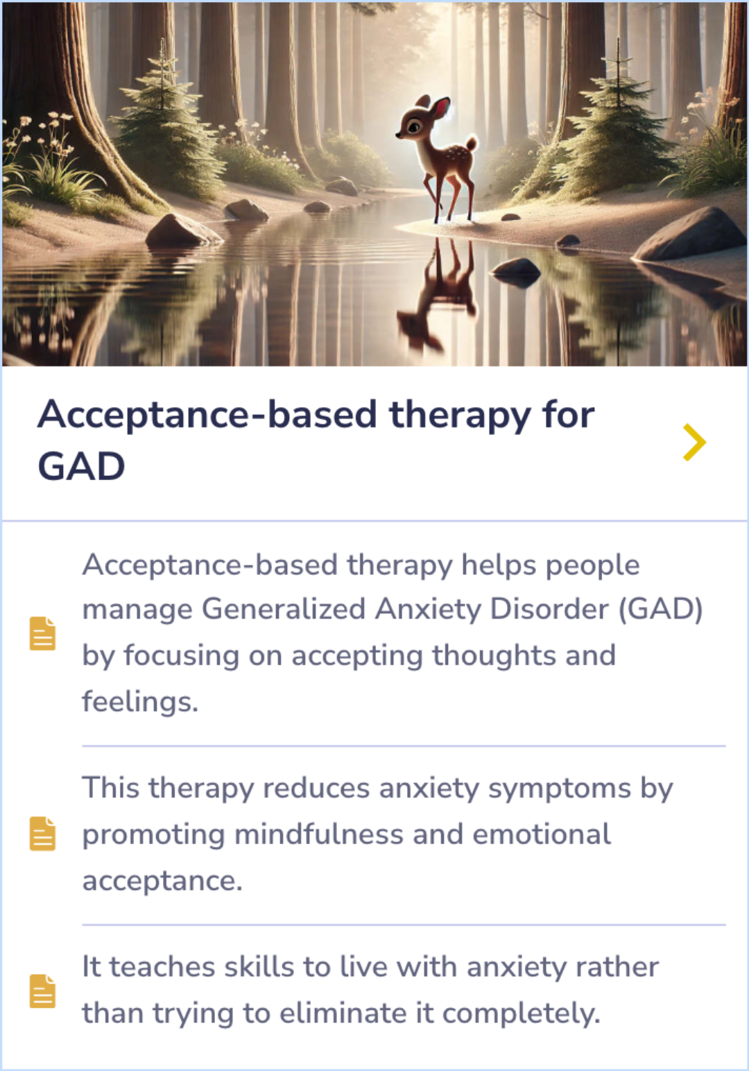 Summary Card explaining how acceptance-based therapy helps manage Generalized Anxiety Disorder through mindfulness and emotional acceptance. It teaches individuals to coexist with anxiety instead of trying to eliminate it.