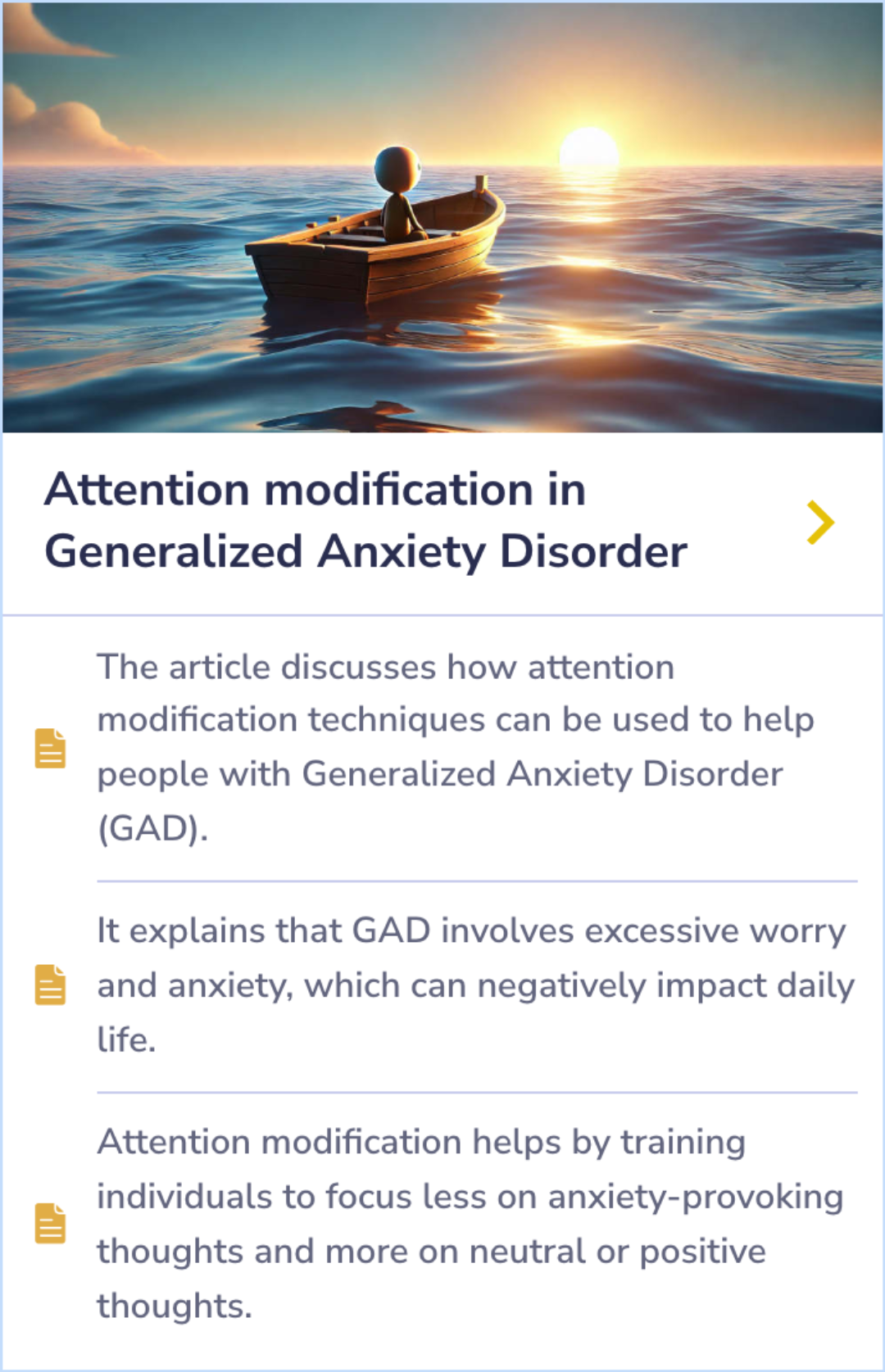Summary Card illustrating how attention modification techniques help individuals with Generalized Anxiety Disorder shift focus from anxiety to neutral or positive thoughts.