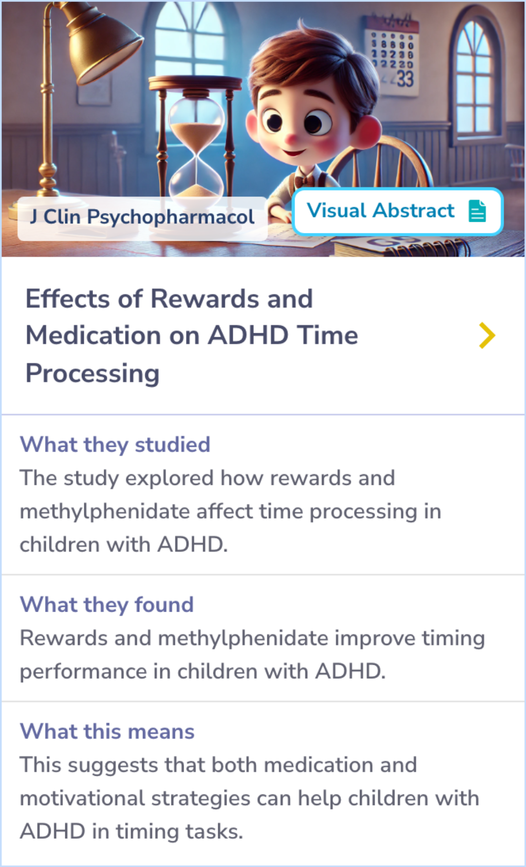 Summary card detailing how reward, response cost, and methylphenidate impact time production accuracy and variability in children with ADHD, highlighting improvements and unexpected findings.