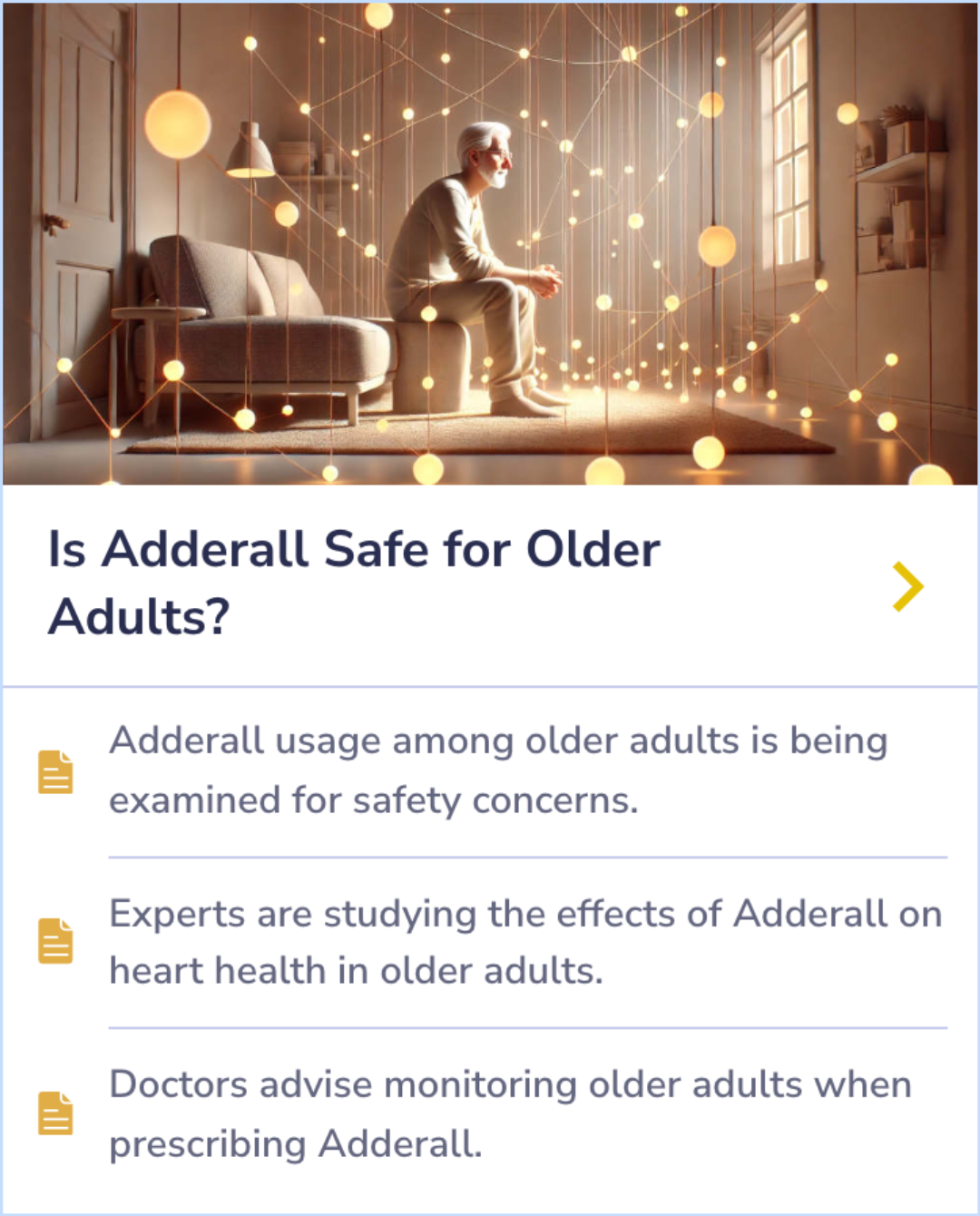 Summary Card discussing Adderall's heart health risks for older adults and the need for careful monitoring.
