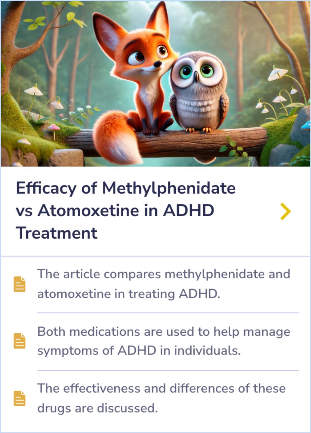 Interactive summary card comparing ADHD medications methylphenidate and atomoxetine, showcasing their effectiveness in symptom management.