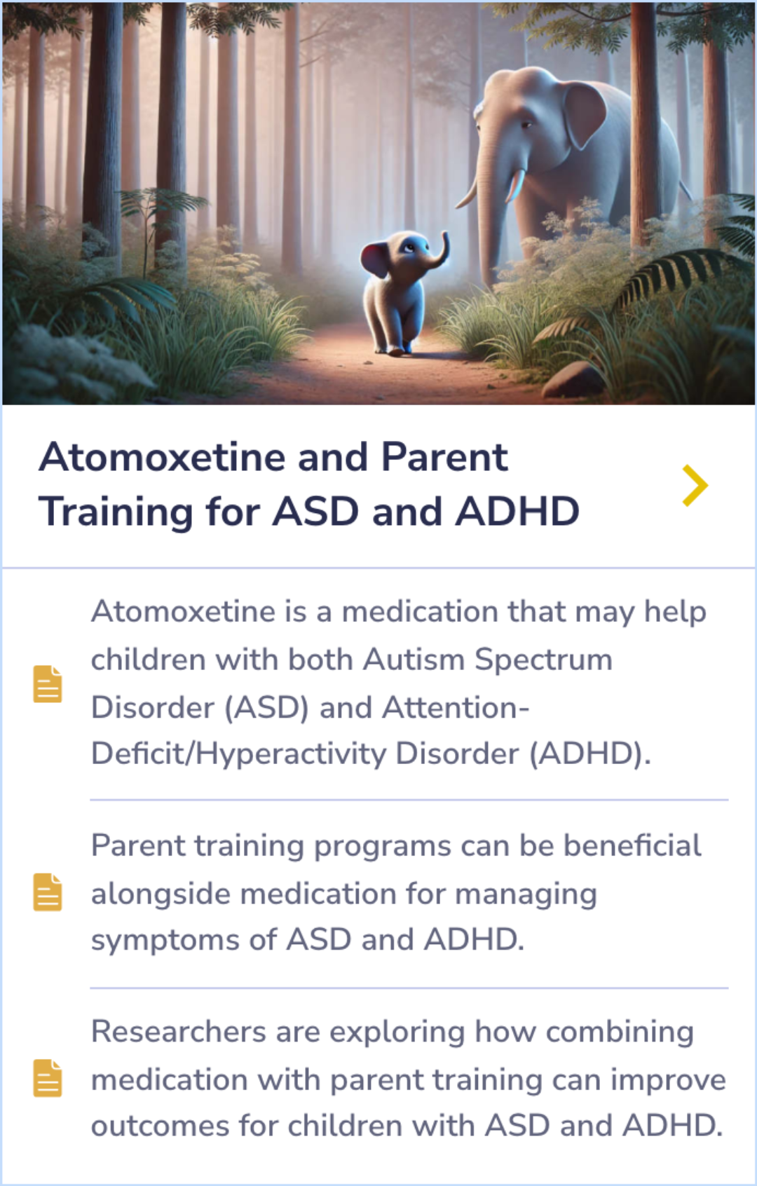 Summary Card highlighting how atomoxetine, alongside parent training programs, can support children with Autism Spectrum Disorder and ADHD.