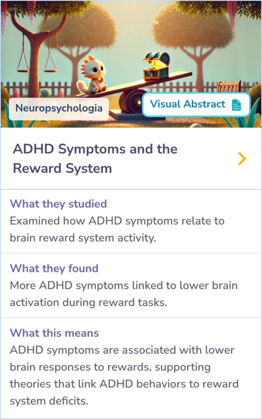 A summary card describing how ADHD behaviors relate to brain activation in the reward system during different types of reward anticipation.