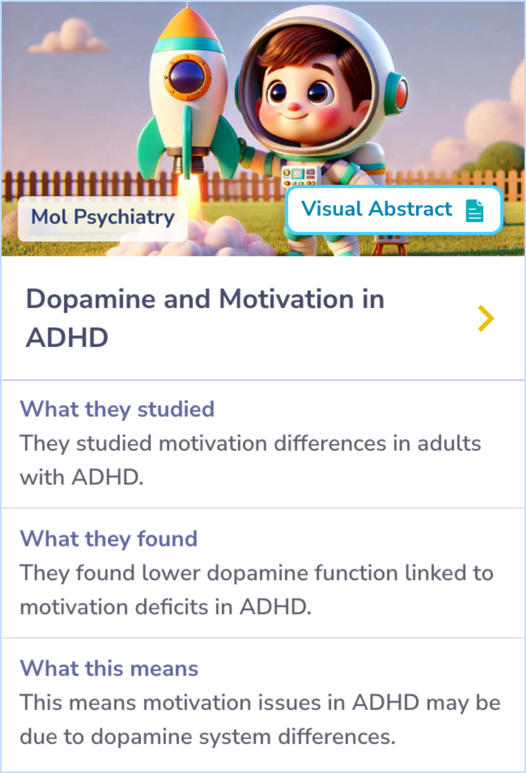 Summary card showing the correlation between dopamine function and motivation deficits in adults with ADHD, emphasizing decreased dopamine activity and lower motivation scores.