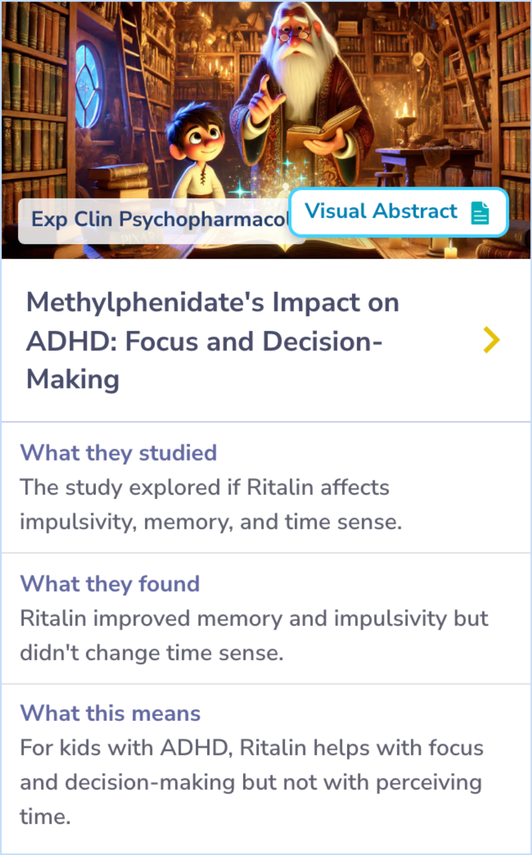 Summary card detailing the effects of OROS-MPH on choice impulsivity and working memory in children with ADHD, showing improvements in both but no impact on time perception.