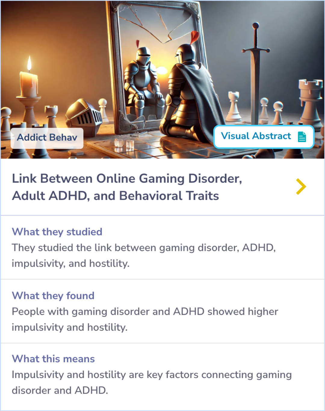 Summary Card discussing the link between Internet gaming disorder (IGD) and ADHD, highlighting that impulsivity and hostility contribute significantly to the co-occurrence of these conditions.