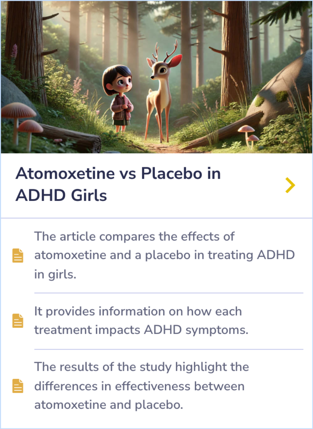 Summary Card comparing the effects of atomoxetine and placebo on ADHD symptoms in girls, highlighting the differences in treatment effectiveness.