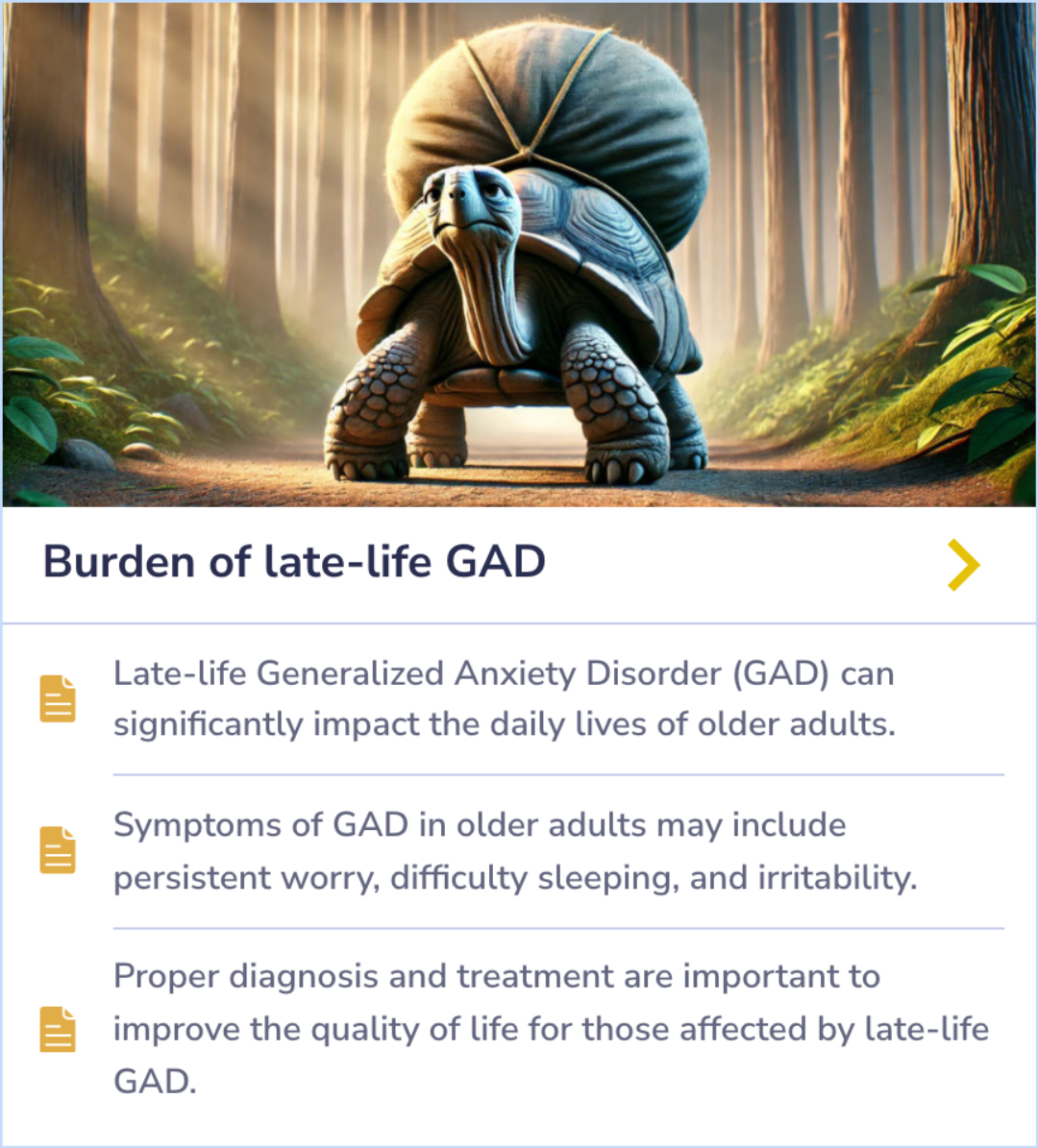 Summary Card discussing the impact of Generalized Anxiety Disorder on older adults, highlighting severe worry, sleep issues, and the importance of diagnosis and treatment.