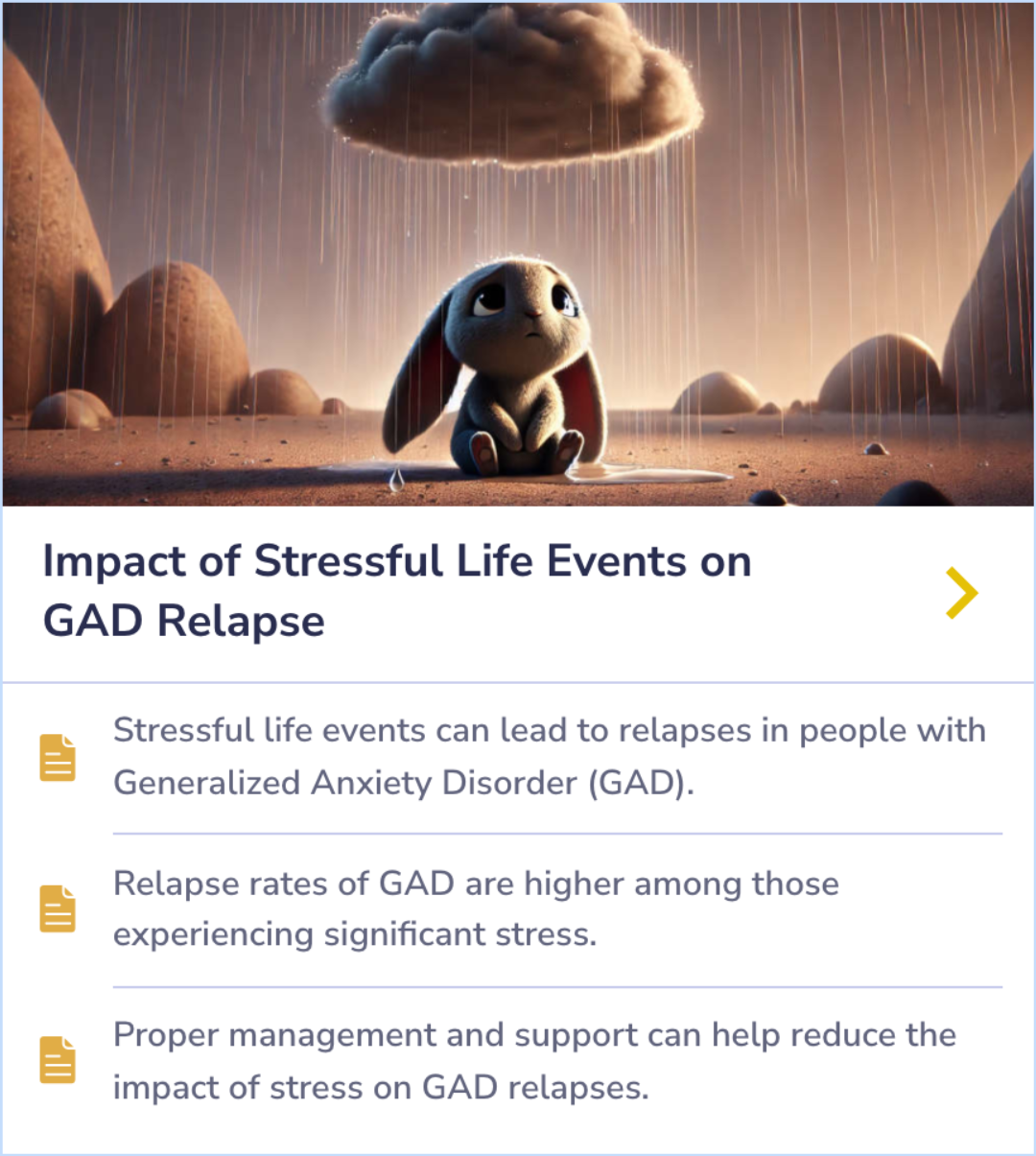 Summary card discussing the link between stressful life events and relapse in people with Generalized Anxiety Disorder, highlighting how proper management and support systems can reduce the likelihood of relapse.