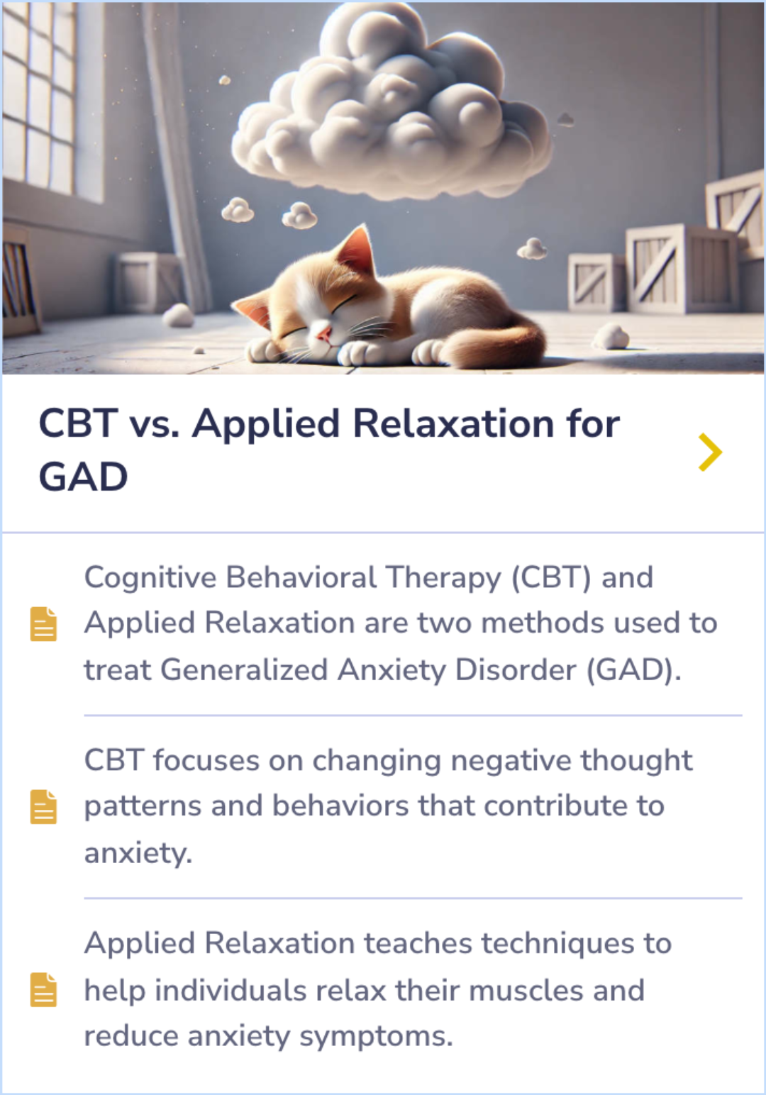 Summary card comparing Cognitive Behavioral Therapy (CBT) and Applied Relaxation as treatments for Generalized Anxiety Disorder, explaining their different approaches to alleviating anxiety.