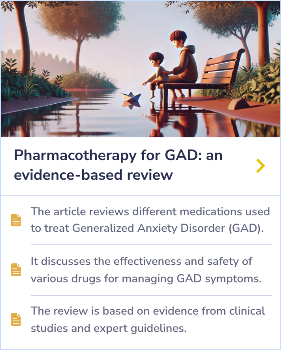 Summary card comparing the effectiveness and safety of various medications for Generalized Anxiety Disorder, based on clinical studies and expert guidelines.