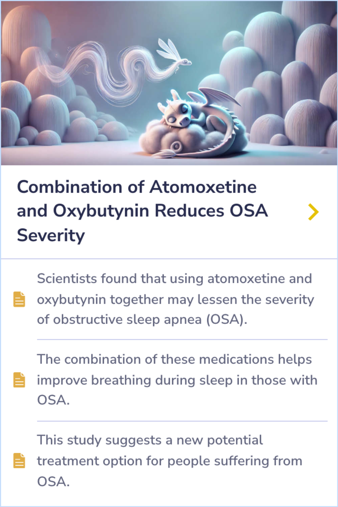 Summary Card on the potential new therapy for obstructive sleep apnea using atomoxetine and oxybutynin combination.