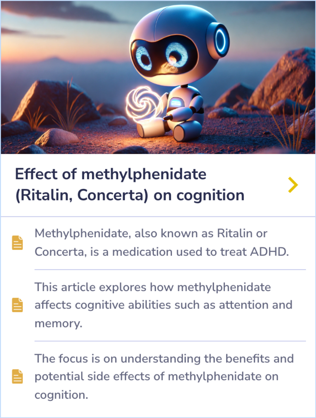 This Summary Card explores how methylphenidate, known as Ritalin or Concerta, impacts cognitive functions like attention and memory. It discusses both its benefits and potential side effects.