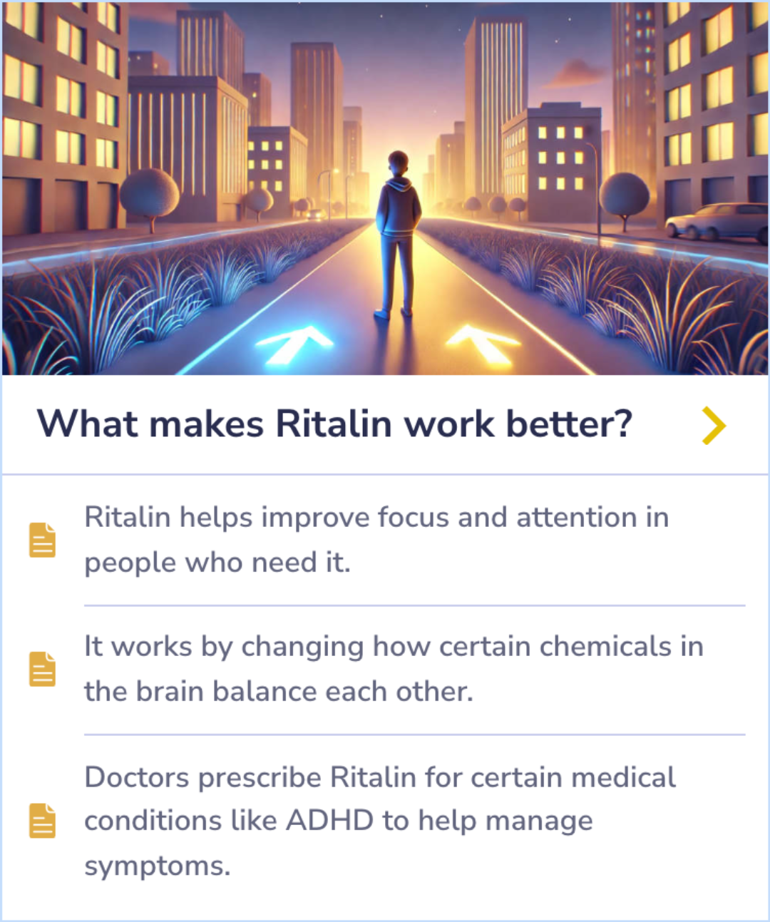 Summary Card explaining how Ritalin enhances focus and attention by adjusting brain chemicals, especially for managing ADHD symptoms.