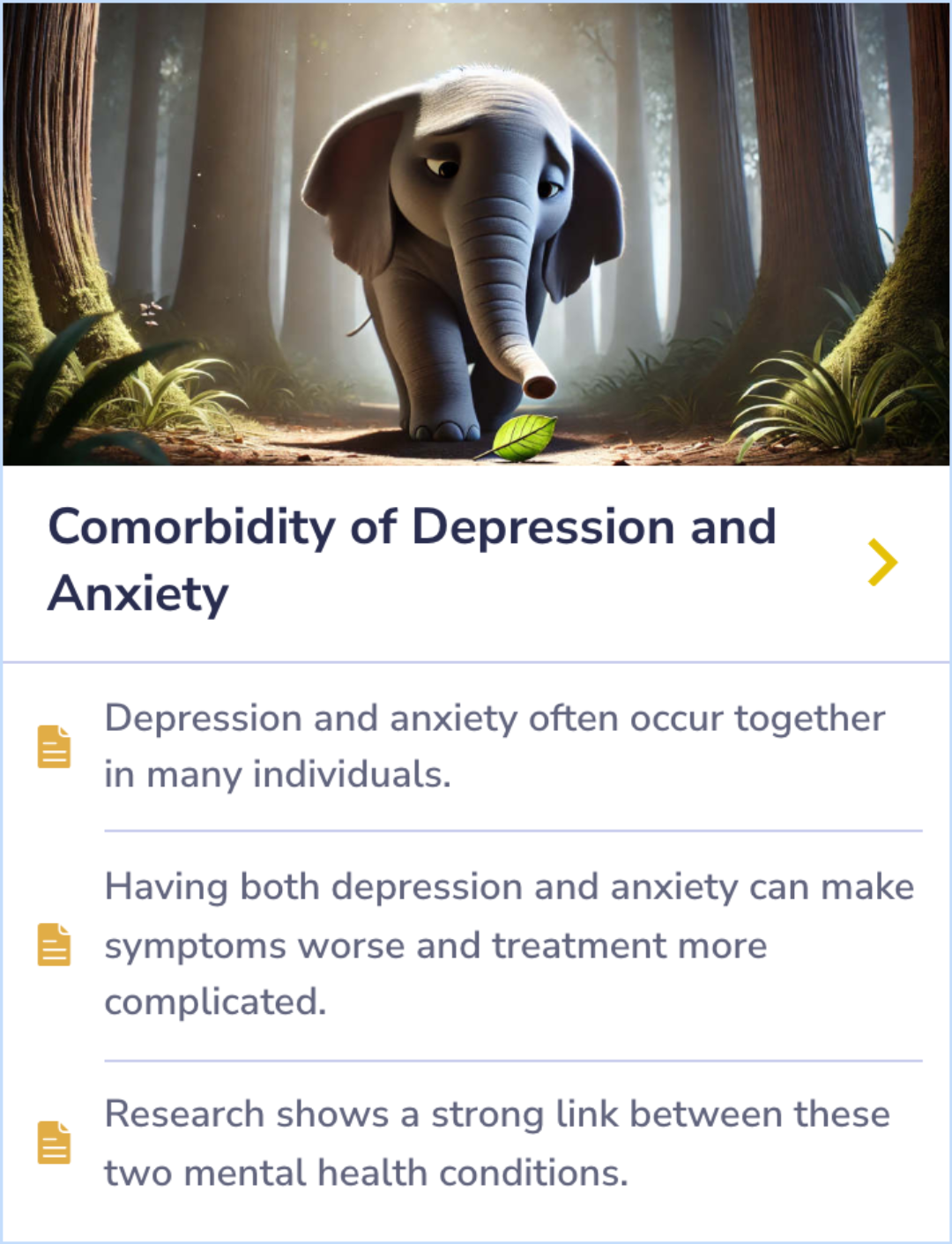 A summary card explaining the close connection between depression and anxiety, emphasizing how their coexistence can make symptoms more severe and treatment more complicated.