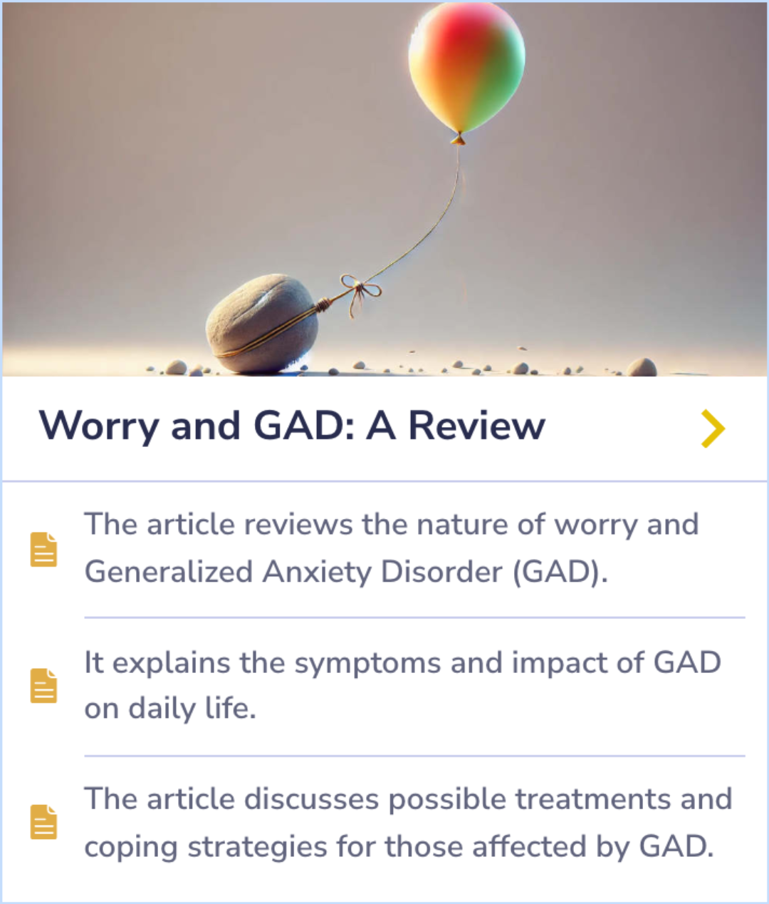 Summary Card reviewing Generalized Anxiety Disorder (GAD), its symptoms, and treatment strategies to help manage its impact on daily life.
