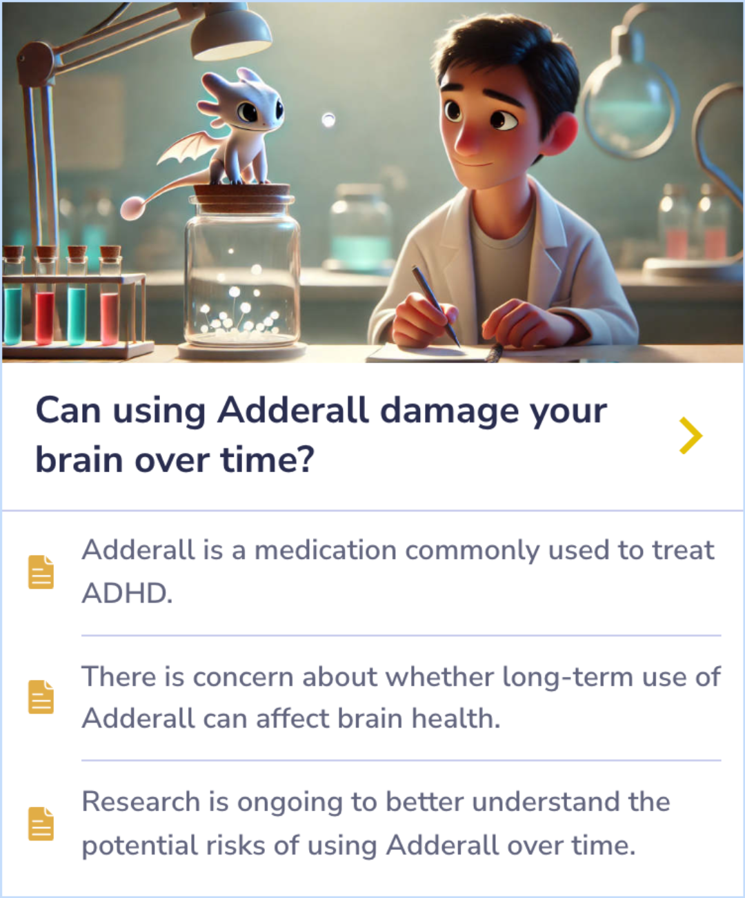 Summary Card exploring potential risks of long-term Adderall use for brain health.
