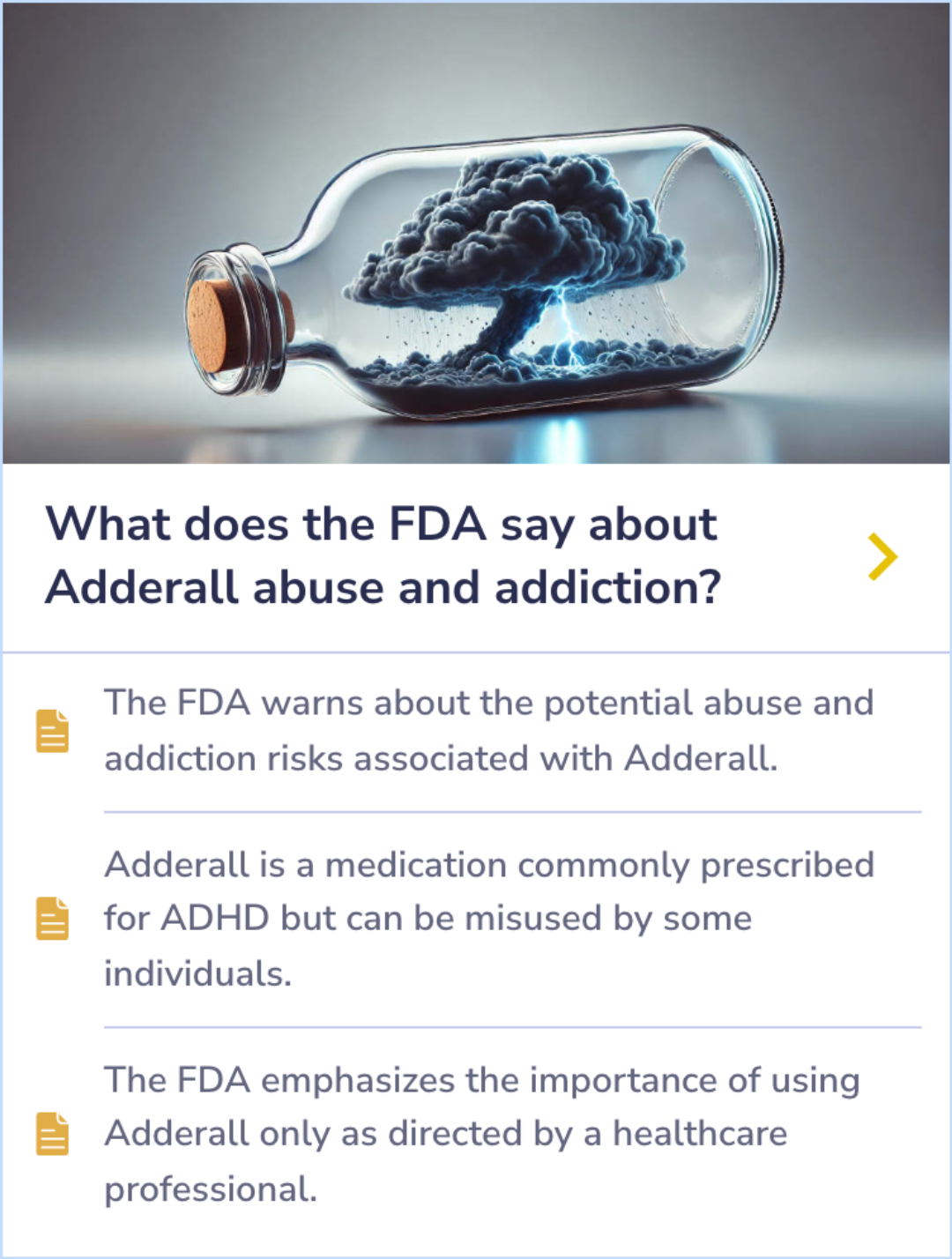 Summary Card discussing the FDA's warnings about Adderall misuse, its potential for addiction, and the importance of medical supervision for safe usage.