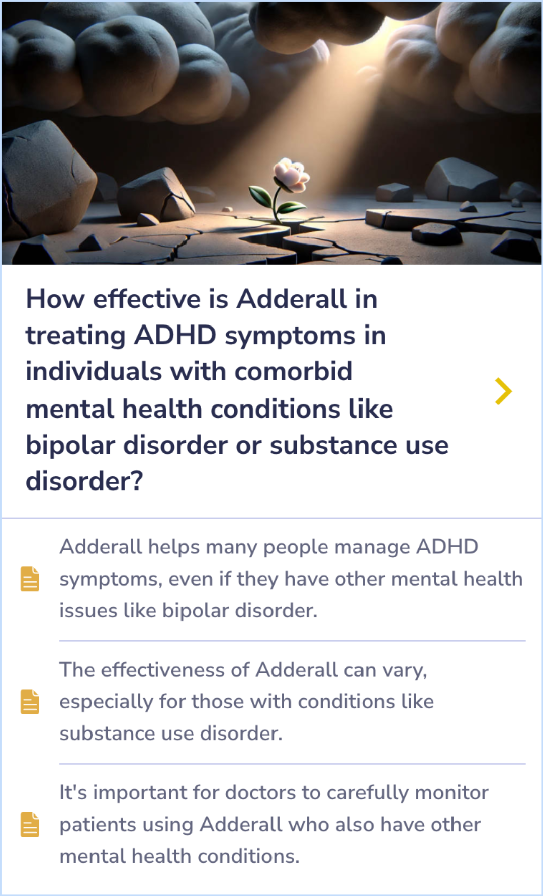 Summary Card highlighting management strategies for children with ADHD and bipolar disorder while considering stimulant risks.