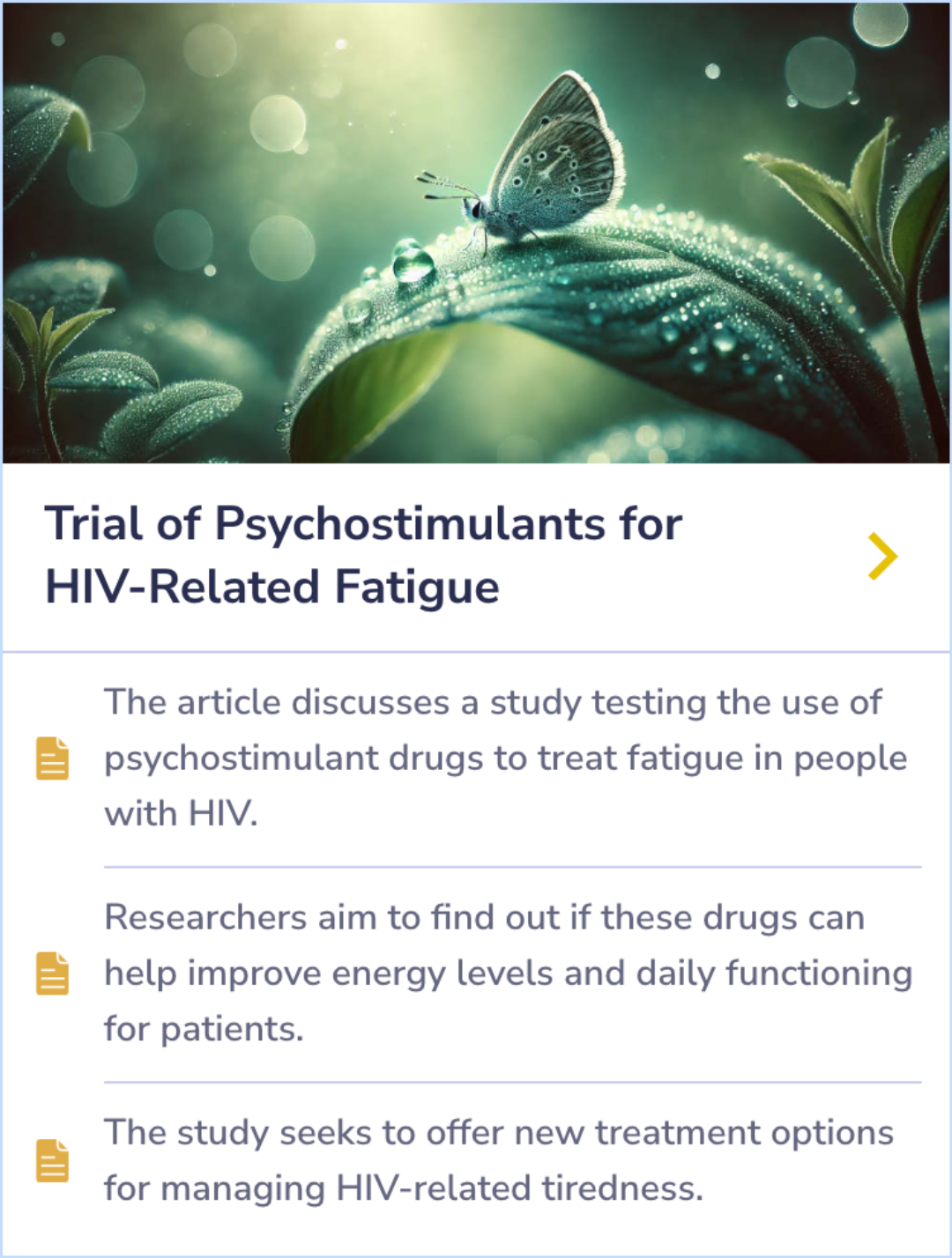 Summary Card discussing the potential of psychostimulants to treat fatigue in HIV patients, focusing on energy improvement and daily function enhancement.