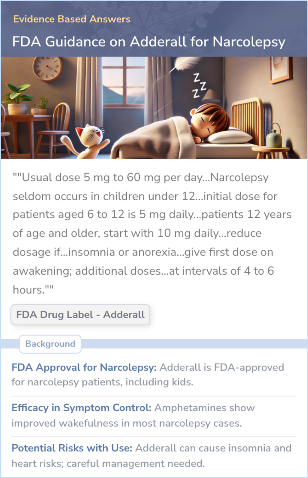 An infographic on What does the FDA say about Adderall and Narcolepsy?