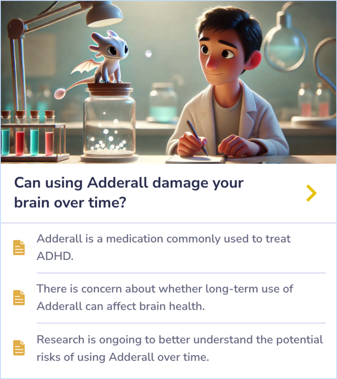 Summary Card exploring potential risks of long-term Adderall use for brain health.