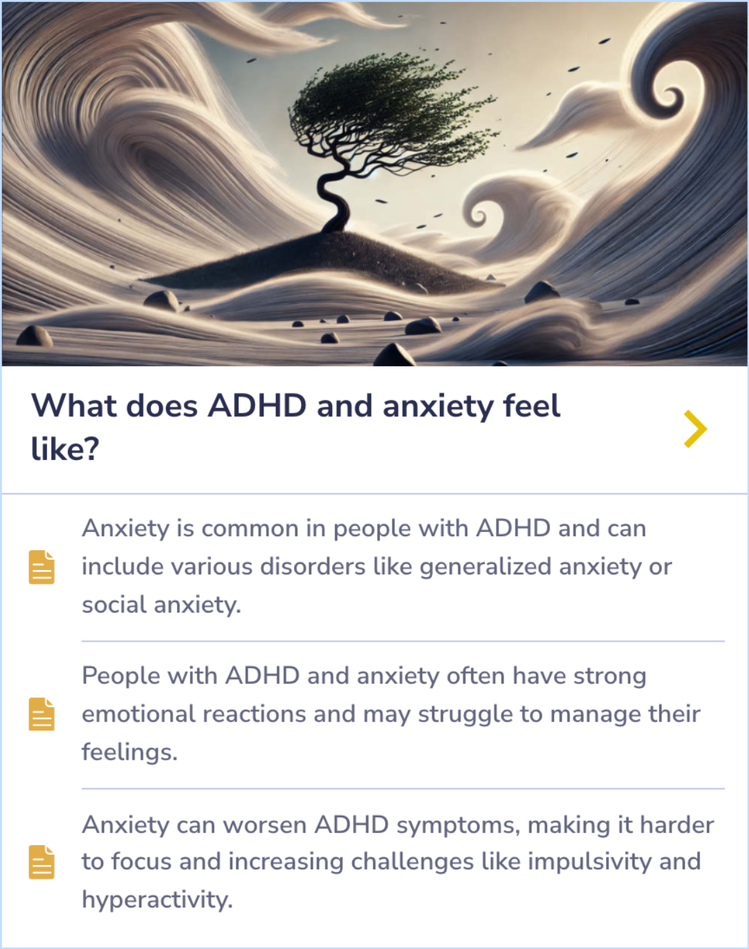 A summary card detailing how anxiety worsens ADHD symptoms, highlighting the connection between emotional regulation challenges and anxiety disorders like generalized anxiety.