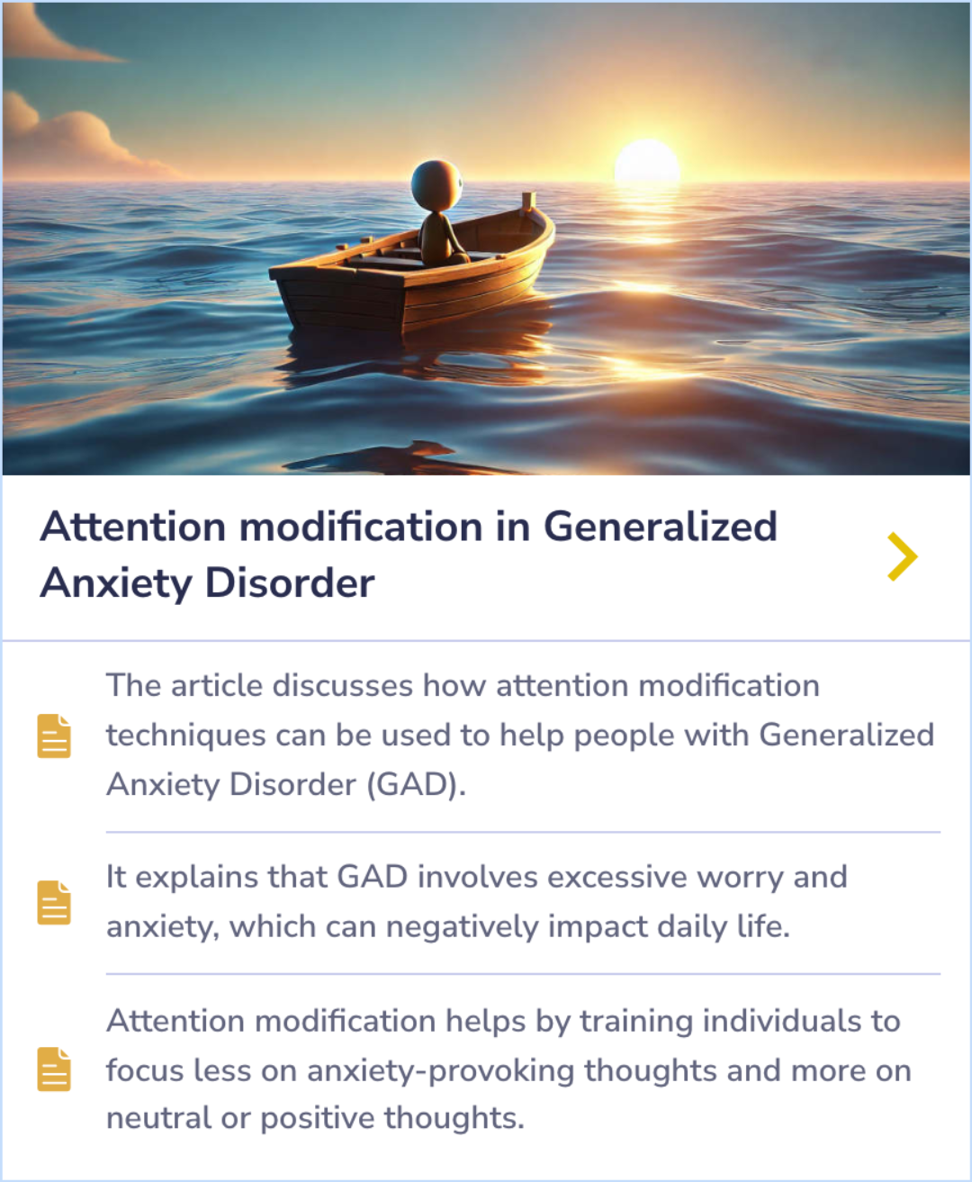 Summary Card illustrating how attention modification techniques help individuals with Generalized Anxiety Disorder shift focus from anxiety to neutral or positive thoughts.